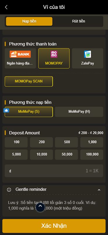 Nạp bằng ví điện tử MOMO